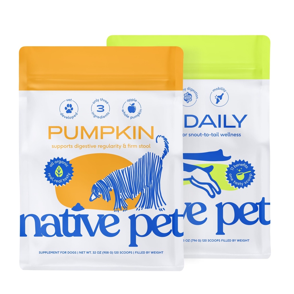 Native Pet Pumpkin for Dogs (120 Scoops) i Daily Dog Supplement (120 Scoops) - All- Natural, Organic Pumpkin Fiber i 11- in-1 Dog Multivitamine