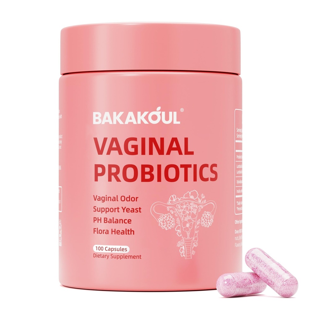 BAKAKOUL Probiotyk waginalny z prebiotykami i Lactobacillus Probiotic Blend pH Równowaga dla kobiet, suplement zdrowia waginalnego, Redukcja zapachu waginalnego & Flora waginalna, 100 Liczba (Opakowanie po 1)