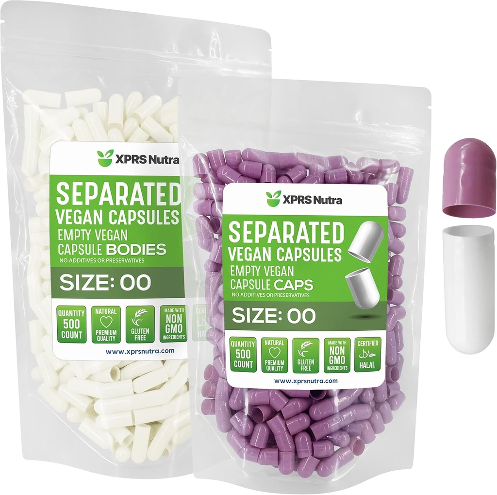XPRS Nutra Vegan Rozmiar 00 Kapsułki oddzielone - 500 Hrabia Premium Kapsułki puste Separowane w Torbach - 00 Pigułki Puste do napełniania suplementu DIY (Lavender / White)