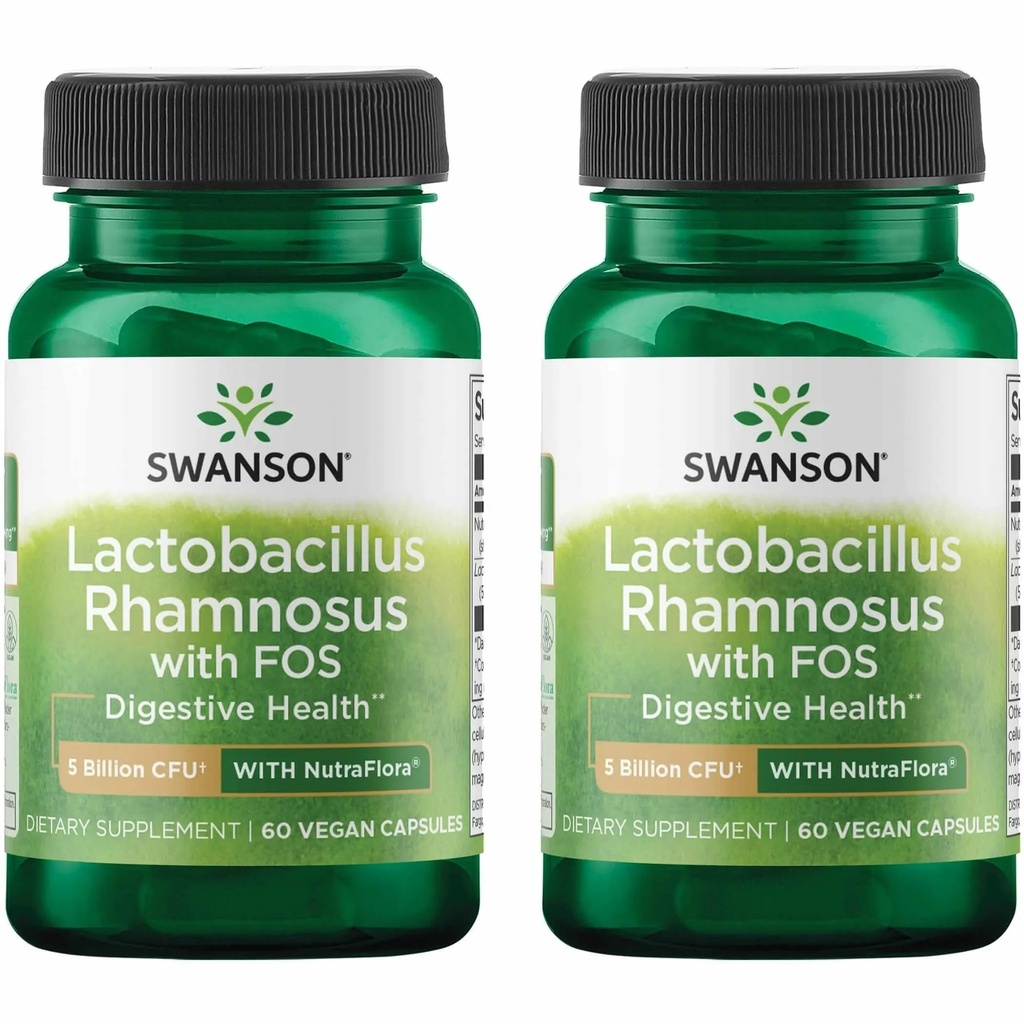 Swanson Lactobacillus Rhamnosus with FOS - 5 Billion CFU - Digestive Health Support with Frucooligosaccharides - Probiotic Support for Gastrosole Health * - Vegan - 60 Veggie Caps (2 Pack)