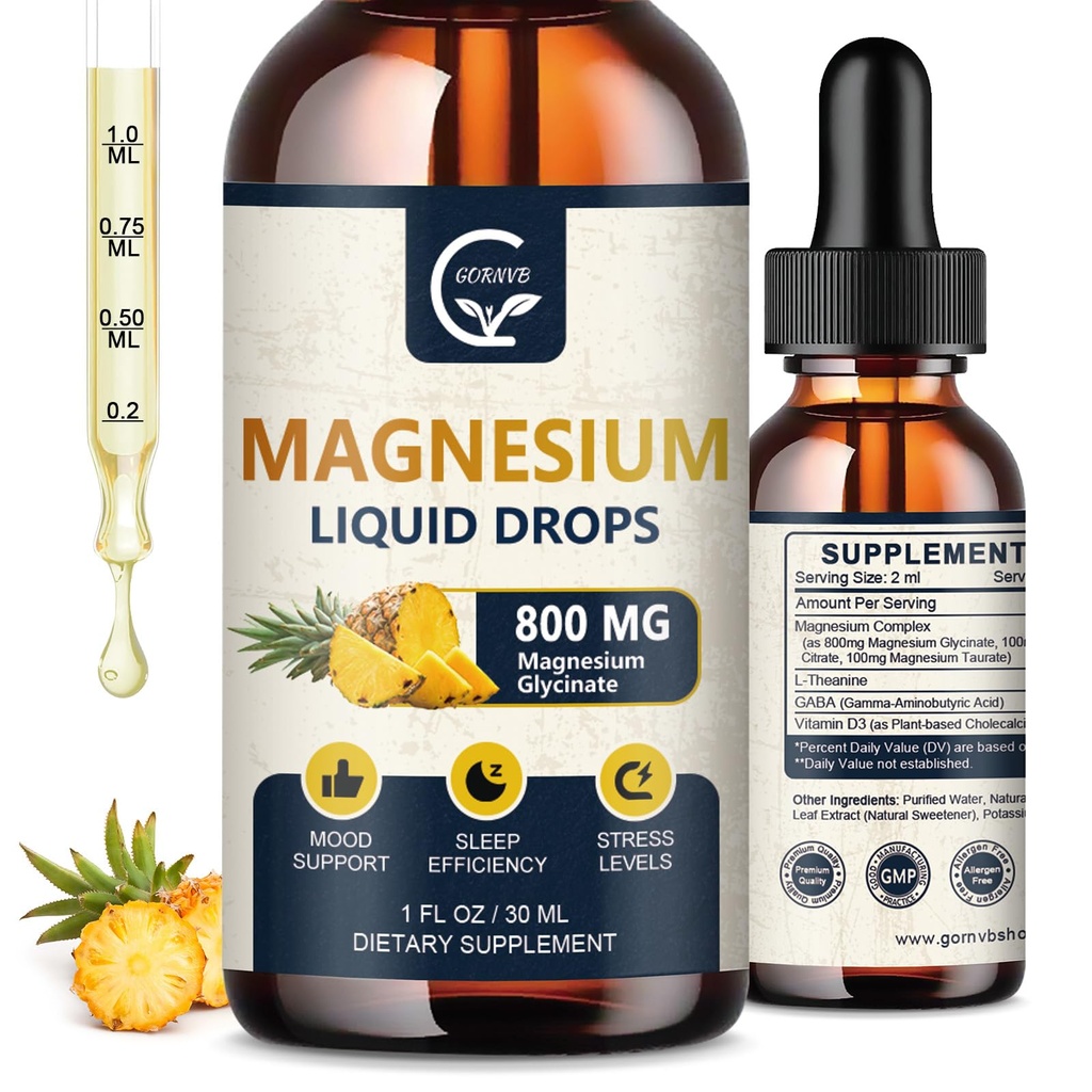 (2 opakowania) Magnezu Glicynian krople płynne 124; 1000mg Płynny kompleks magnezu z D3, L- Thea & GABA dla energii, snu, Nerwy i Heart Health, Wysoka absorpcja, Aromat ananasowy