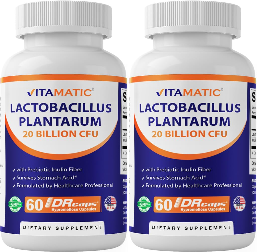 Witamatic Lactobacillus Plantarum - 20 Billion per DR kapsułki - 60 Count - Digestive Support - Made with Prebiotic Inulin Fiber-2 Pack