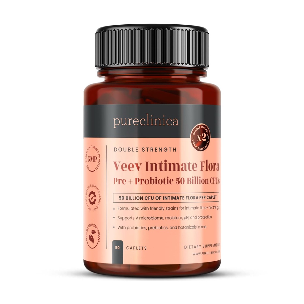 pureclinica Veev Intimate Flora - Wsparcie Waginal & Gut Microbiome - 50 Miliard CFU - Probiotyki, Prebiotyki, Żurawina, D- Mannose, Kwas hialuronowy - 90 Kapletów - 3 Miesiąc Dostawy