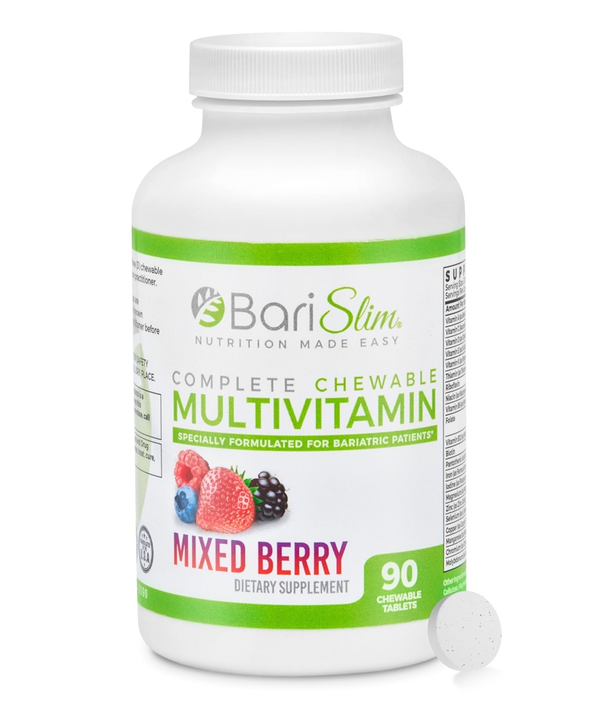 BariSlim Kompletne tabletki do rozgryzania i żucia Bariable Multivitamin - 45 mg Żelaza - Witamina bariatryczna & Suplement do chirurgii bariatrycznej, w tym GASTRIC Bypass & Gastric Sleeve 124; Mieszane jagody (90 Count)