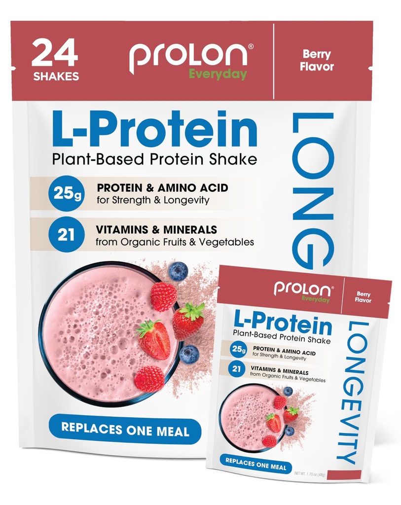 Prolon Longevity Plant Based Protein Powder Building 124; Synteza mięśni & Naprawa, Zdrowe starzenie, Boost Performance Building 124; Witaminy, Gluten Free, Amino Acids, Przeciwutleniacze 124; 25g białka 124; Berry, 24 Pakiety