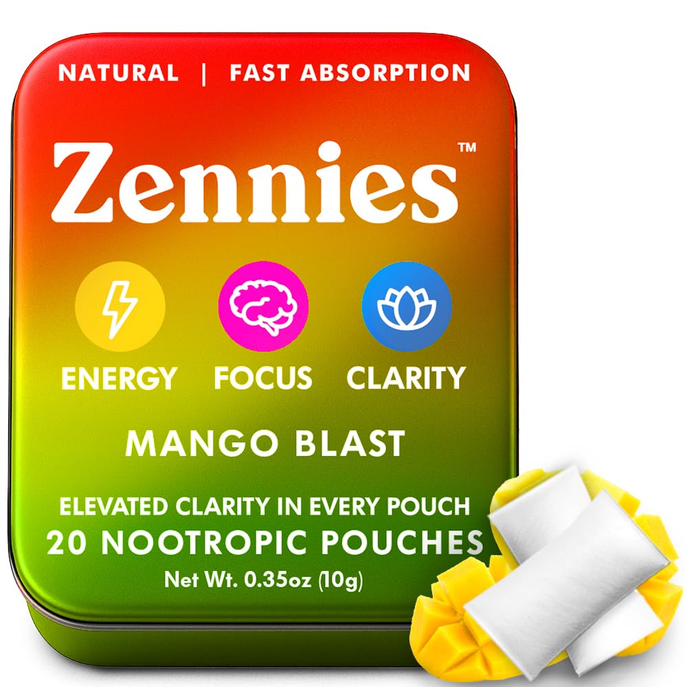 Zennies Kofeina Nootropowe Pouches z Alpha GPC, L- Tyrosine & L- Theanine, Lwie 's Mane, Cordyceps, Reishi - Nikotyna Free, Brak cukru lub sztucznych słodzików Nootropowe Pouches energii, Mango Blast 1 PK