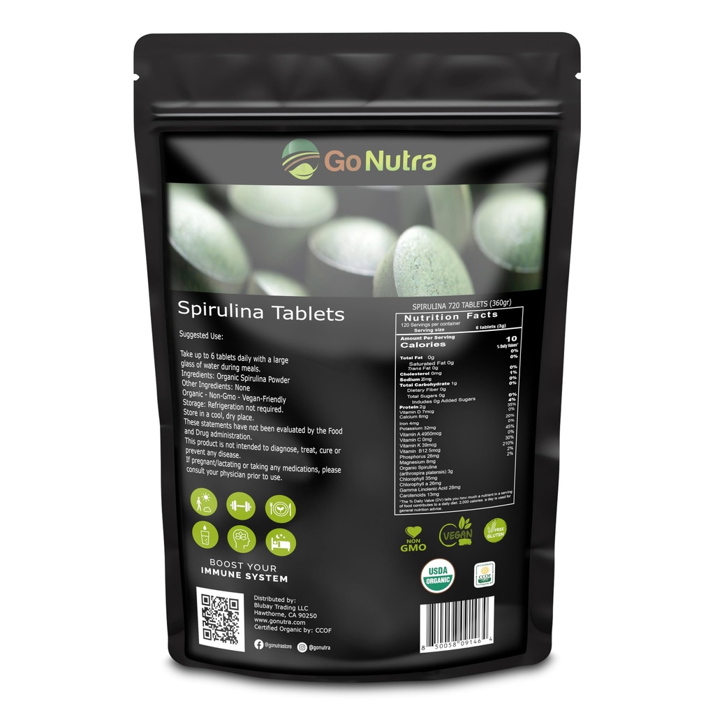 Go Nutra Organic Spirulina tabletki 124; Nutent Dense Organic Spirulina Superfood 124; Białko, Witaminy, Minerały, Włókna, Amino Acids 124; Nie Fillery, Non-GMO, Wegan 124; 500 mg, 720 ct, 4 Miesiące dostaw