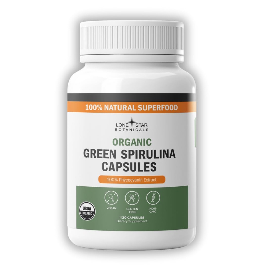 Lone Star Botanicals Organic Spirulina kapsułki - 100% Czysty Blue- Zielony Algae, No Fishy Smell, Superfood Supplement, Wegan, Non-GMO, Gluten- Free (120 Count, Green Spirulina)