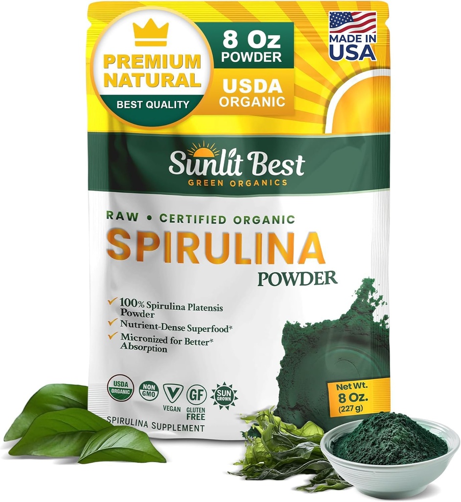 Sunlight Best Spirulina Proszek Organiczny USDA - Chlorofil, Szybka absorpcja, Blue- Zielony Spirulina Algae, Surowy Vegan Protein - Non-GMO, Gluten Free Superfood Energy, Gut, Suplement immunologiczny - 8 Oz