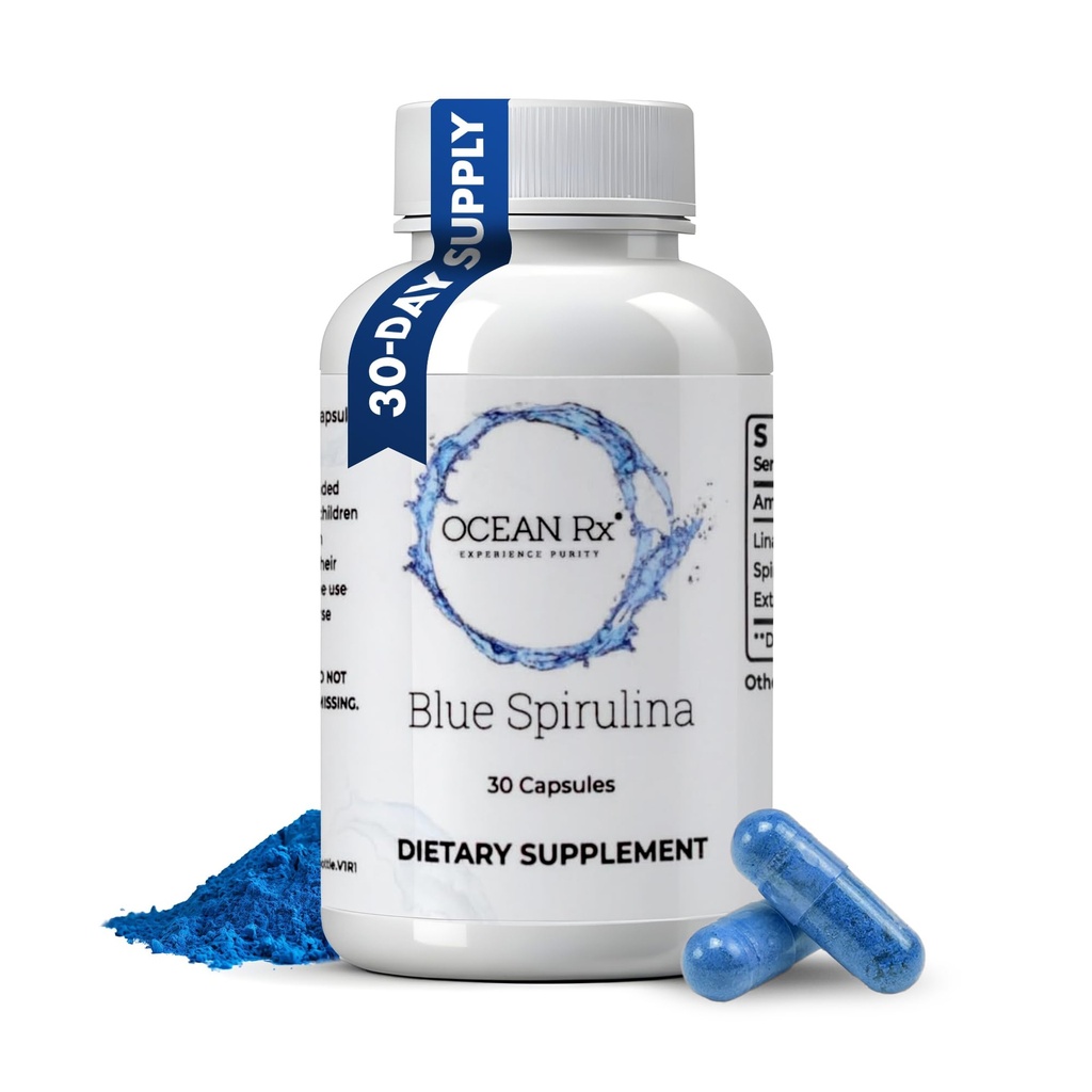Organic Pure Blue Spirulina Kapsułki 124; Natural Superfood 124; Prebiotyczne fikocyjanina suplement Amend124; Healty Skóra, Zdrowie jamy ustnej, & Odzyskiwanie ran 124; 30 Butelka