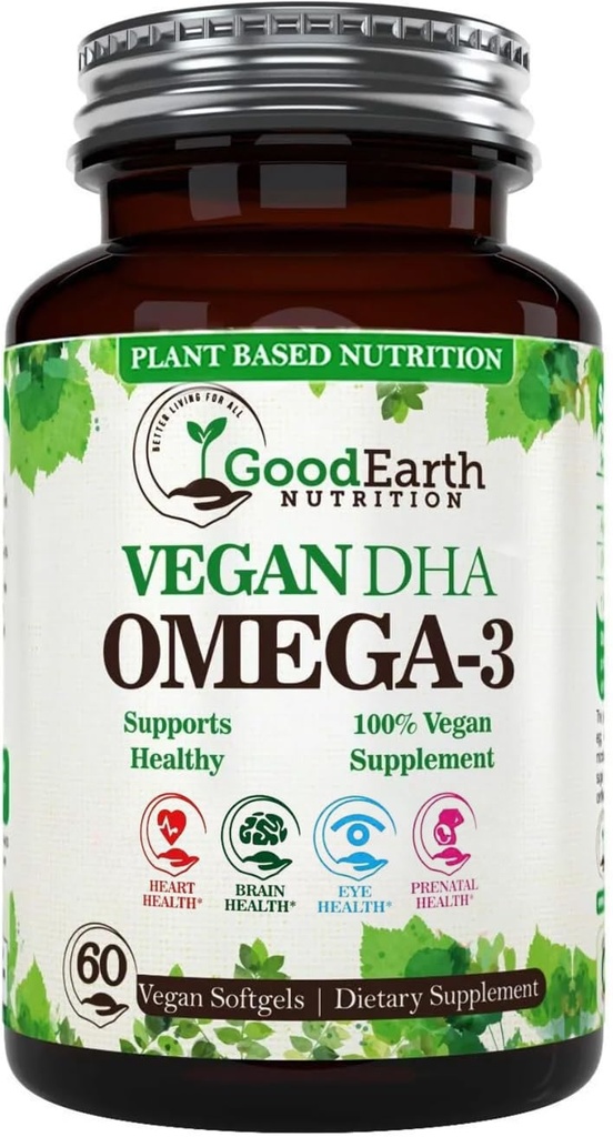 Algal Oil - Vegan DHA Omega 3 Fish Oil Supplements - Booster mózgu, Suplement & Witamina prenatalna -Zapewnia zdrowe serce i wsparcie immunologiczne - Burpless Algae Supplement - 60 Mini Softgels ryb