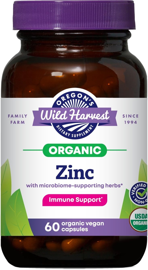 Oregon 's Wild Harvest Cynk - USDA Certified Organic, Kapsułki wegańskie dla wsparcia immunologicznego z Microbiome- Wsparcie zioła - Non-GMO, 60 Hrabia
