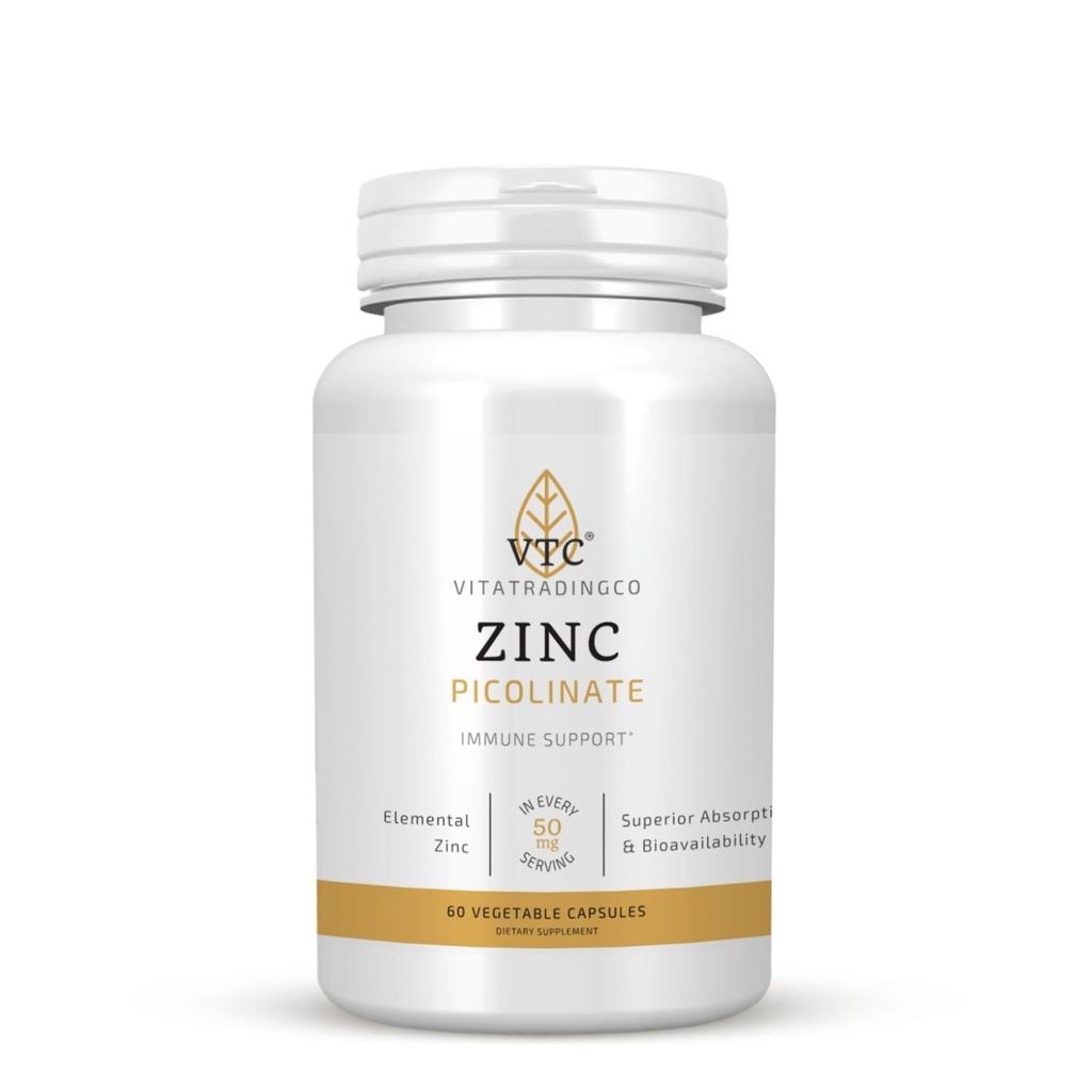 VTC VitaTradingCo. Pikolinian cynku 124; 50mg cynku pierwiastkowego 124; Wysoko wchłanialny 124; Immune & Antioksydant Support Support 124; dla skóry Zdrowie i funkcje komórkowe 124; 60 Kapsułki wegetariańskie