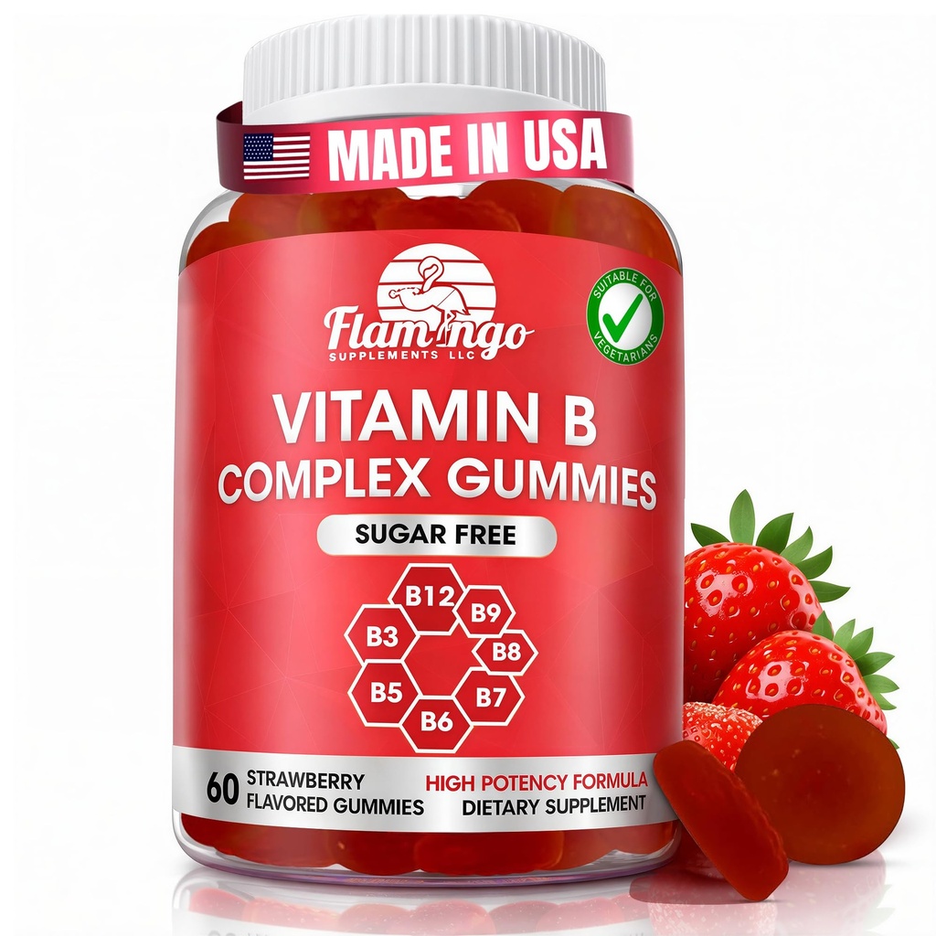 Bezcukrowe Gummeje Witamina B - Witamina B12, B7, B6, B3 (Niacyna), B5, B8, B9 (Folate) - Trzecia strona Tested- Prenatal, Vegan Diet, Starsi dorośli - Kompleks B Suplement witaminy - 60 Gumy Butelka