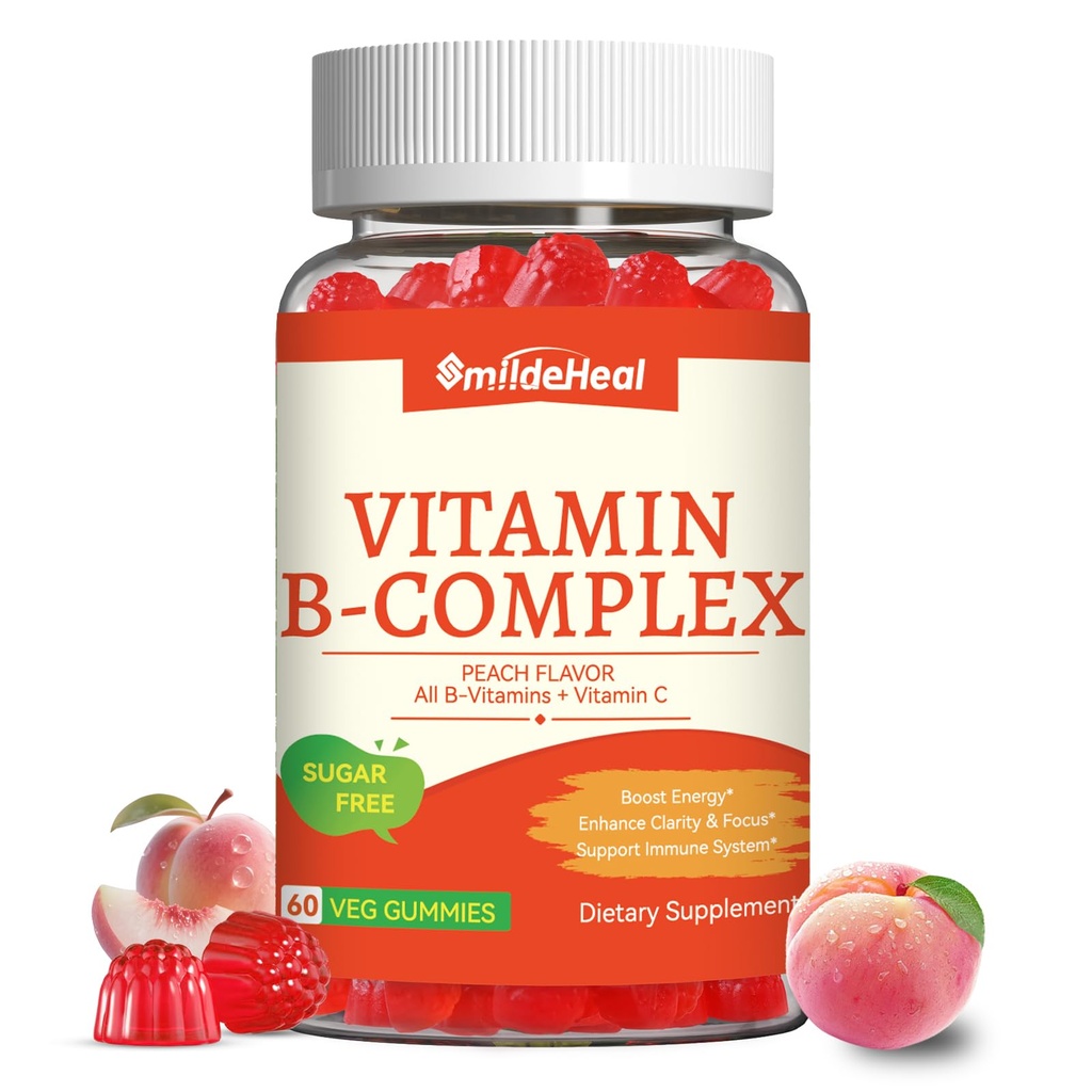 Witamina B Kompleks Gummie dla Kobiet i Mężczyzn - Witamina B12, B1, B2, B3, B5, B6, B7 i B9 - Kompleks B z Witaminą C & Cholina - Energia i Wsparcie immunologiczne * - Wegan, Cukier wolny, Peach Flavor - 60 Gummies