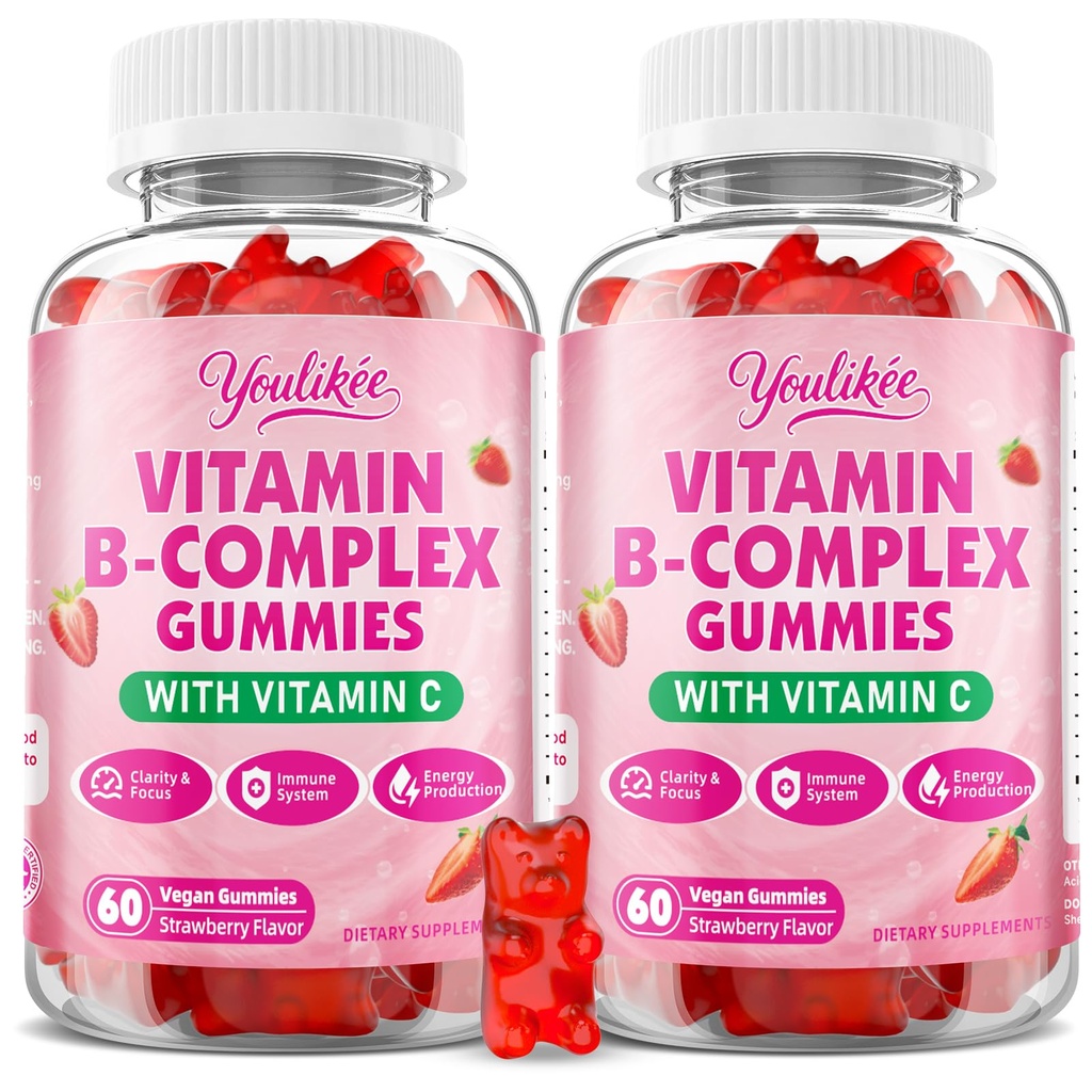 2 Pack Witaminy B- Complex Gummies dla kobiet i mężczyzn, Metyl B12, B1, B2, B3, B5, B6, B7 & B9 - Witamina B Complex z witaminą C Wspomaga energię i funkcje immunologiczne, Strawberry Flavor, 120 Count