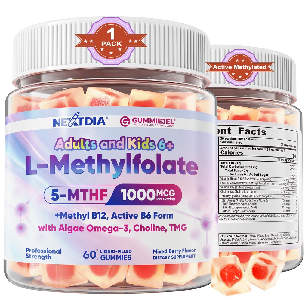 L- Metylfolan 1000 μg + Metyl B12 Gummie dla dzieci i dorosłych - Aktywny 5-MTHF, w / Omega-3 DHA & EPA (3: 1), Cholina & TMG, B6, Wspiera MTHFR Gene, Mózg, Energia & Metylacja, Cukier wolny, 60 Cts