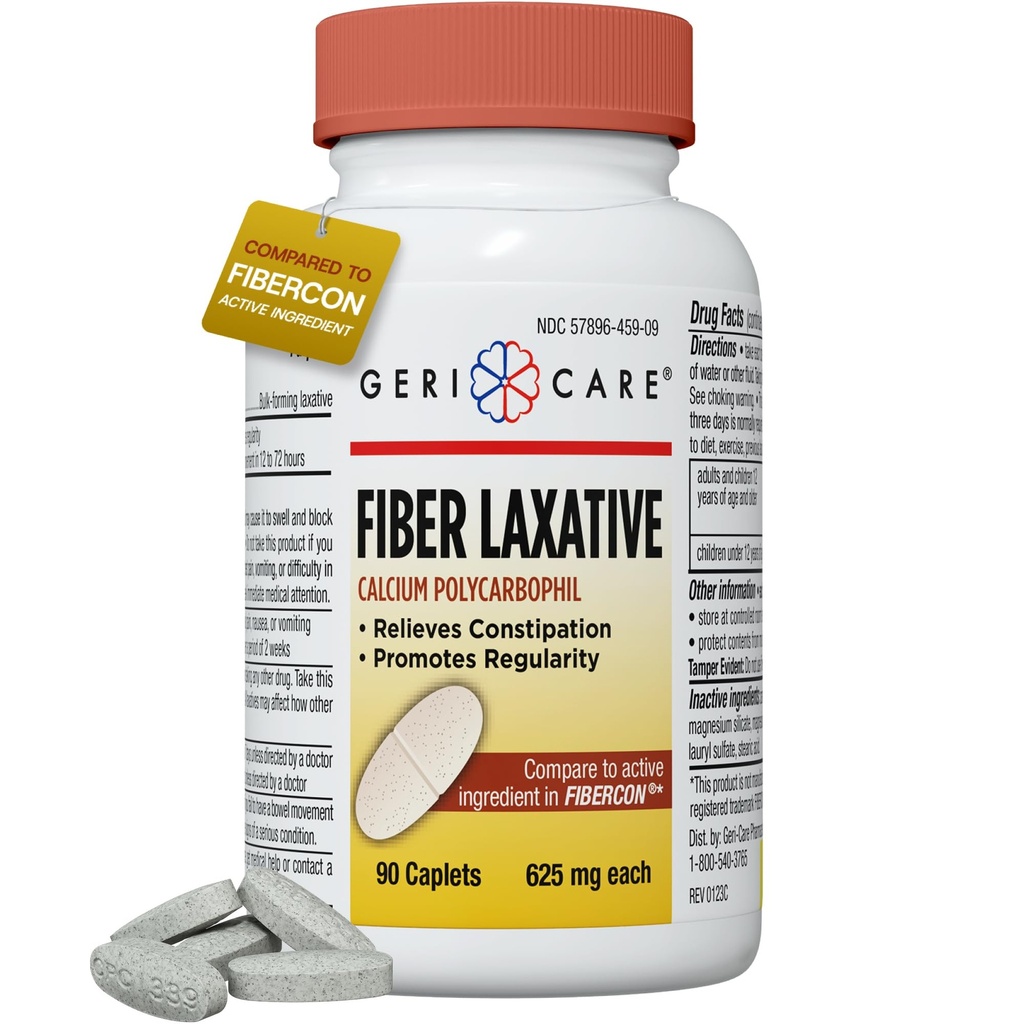 GeriCare Fiber Laxative - 625mg Calcium Polycarbrophil Fiber Supplement for Women and Men - Delikatna skuteczna pozagiełdowa ulga dla zaparć i hemoroidów - Nierozpuszczalne kapsułki włókniste (90 Count)