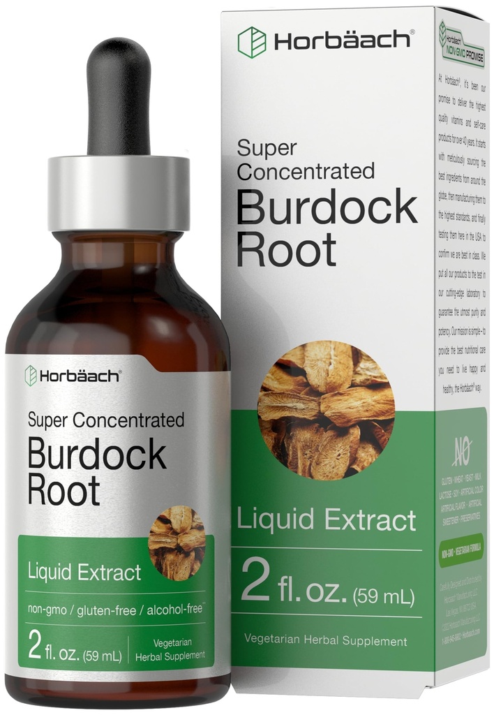 Horbäach Burdock Korzeń nalewka 124; 2 fl oz 124; Super koncentrat ekstrakt ziołowy 124; Wegetarianin, Non-GMO, Glutren wolny, Alkohol wolny