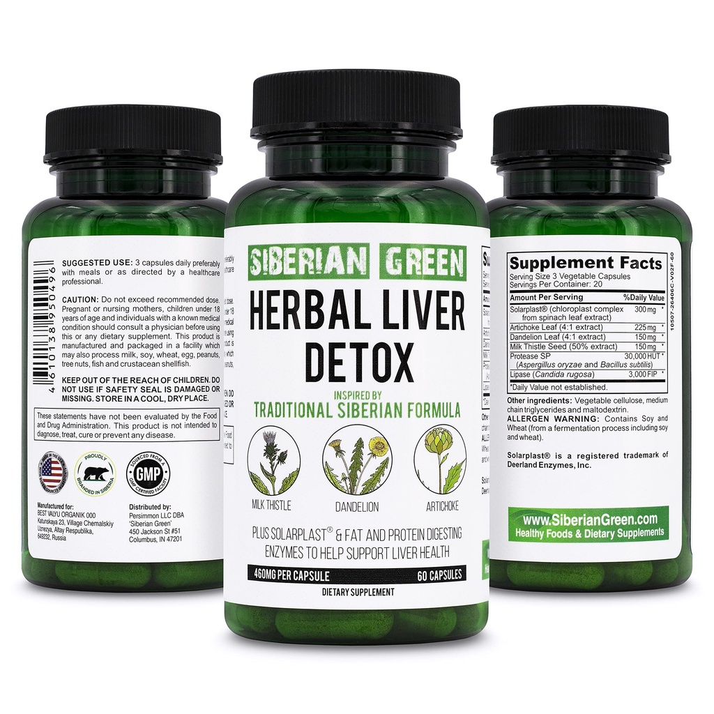 Syberyjski Green Herbal Liver Detox z mlekiem Thistle Artichock Dandelion 60 Kapsułki - Tradycyjny Syberyjski Formuła Plus Enzymy do wspierania zdrowia wątroby
