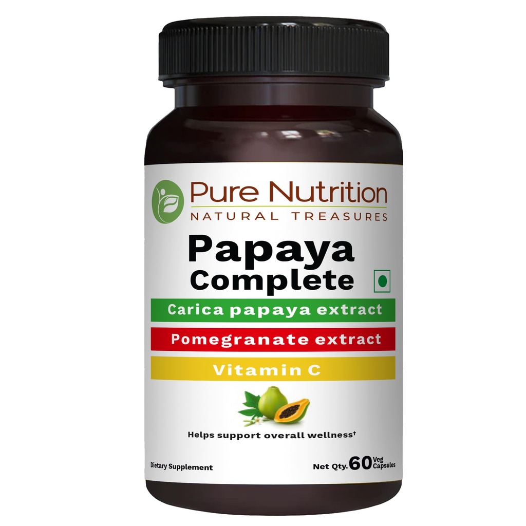 Pure Nutrition Papaya Complete - 60 Kapsułek Veg (Wspiera Odporność i trawienie płytek) Każda kapsułka zawiera 500mg Carica Papaya Fruit i ekstrakt liści. Non-GMO Yellow 124; Gluten- Free