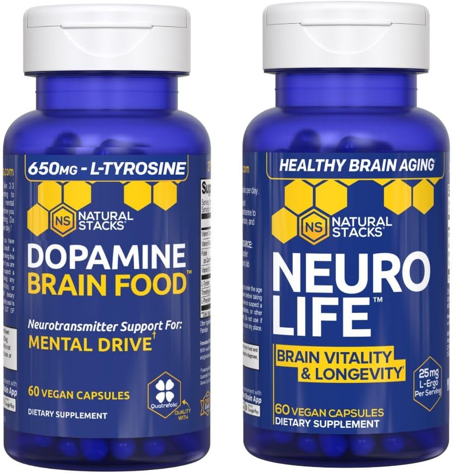 NATURAL STACKS NeuroLife + Dopamina Brain Food Bundle - wspomaga mentalny napęd i długowieczność mózgu * - 120 Kapsułki