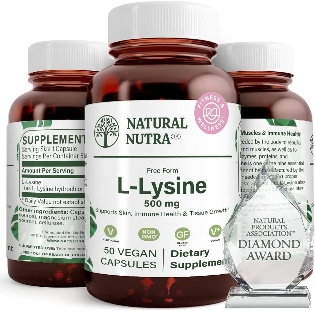 Natural Nutra L Lysin HCl, Promotes Bone Health and Growth, Support Skin Health, Poprawa Wchłanianie witaminy C, Pomaga Zbudowany Kolagen, Poprawa Wchłanianie wapnia, Non-GMO, Wegan, 500 mg, 50 Kapsułki.