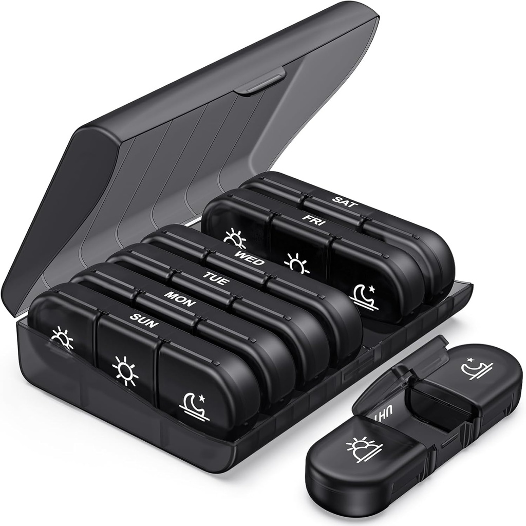 PulIV Cotygodniowy Pill Organizator 3 razy dziennie, Przenośne Pill Box 7 dzień z dużych Pill Kontenerów, Light- Proof Pill Case dla witamin, Leki, Suplementy i Oleje rybne (czarny)