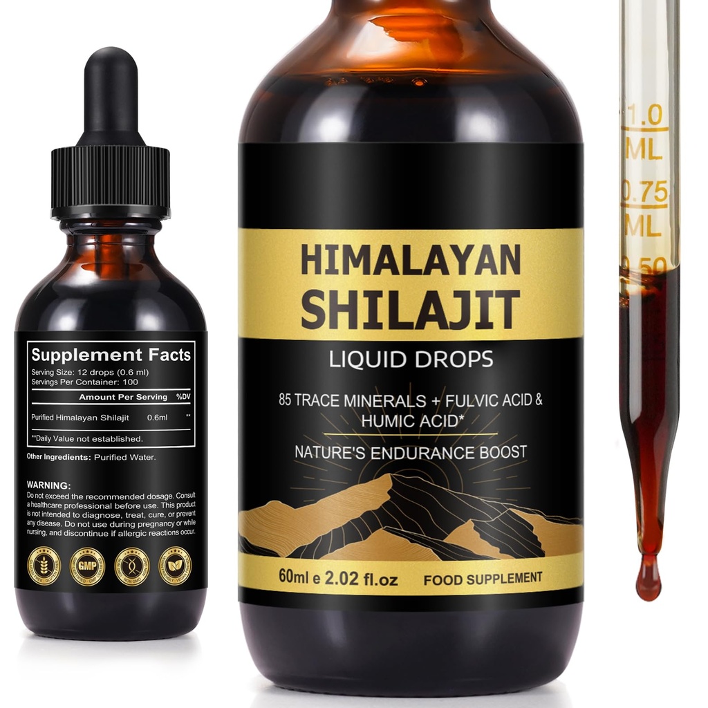 Shilajit Pure Himalayan Resin Drops - Organic Shilajit Resin Liquid Gold Supplement with 85+ Trace Minerals, Supports Energy, Immunity & Overall Wellness - for Men & Women - 2 Fl Oz
