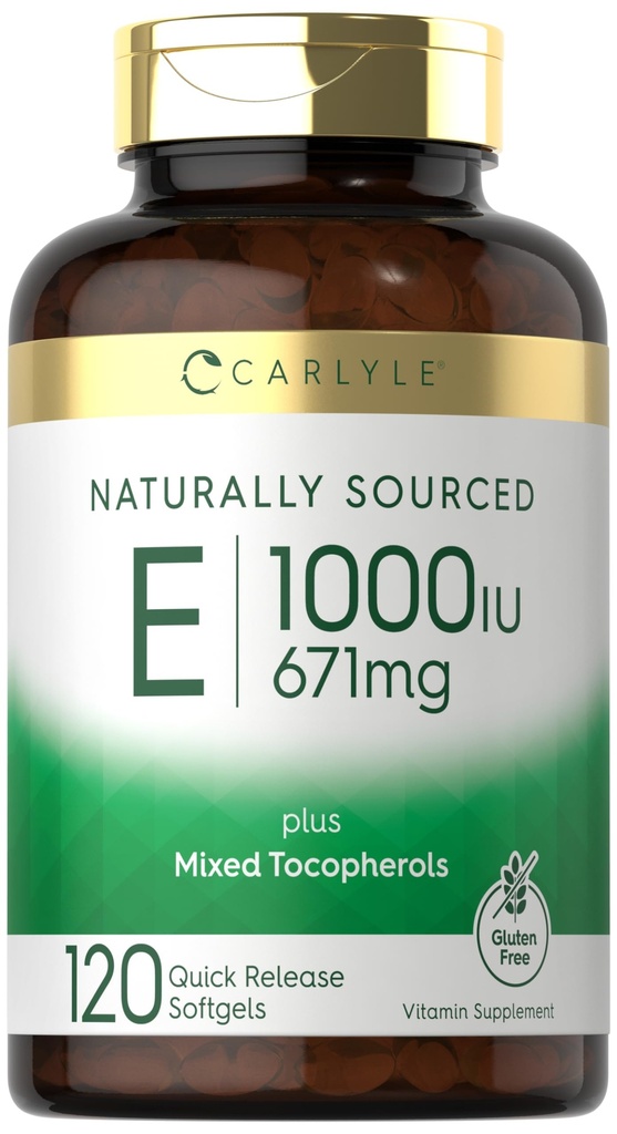 Witamina Carlyle E z mieszanymi tokoferolami 124; 1000 IU 124; 120 Softgeli 124; Natural Sourced Supplement Amend124; Non-GMO i Gluten Free Formula
