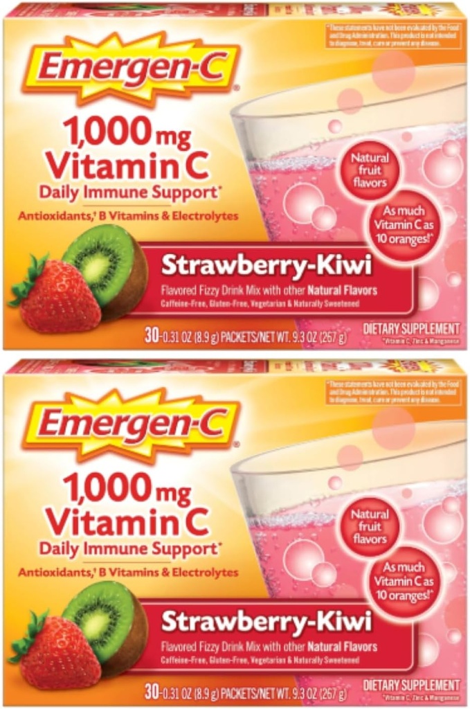 Emergen- C 1000mg Witamina C Proszek, Truskawka Kiwi Flavor, Przeciwutleniacze, Witaminy B i elektrolity, Suplementy witaminy C do wsparcia immunologicznego, 30 Licznik (Opakowanie 2)
