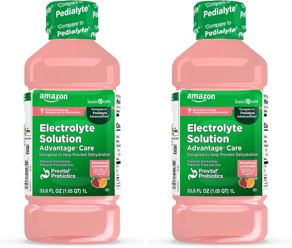 Basic Care Advantage Care Electrolyte Rozwiązanie z Prevital Prebiotyki, Lemoniada truskawkowa, Napoje nawadniające, Eplenish Electrolytes, Płyn & Cynk, 33,8 Fl Oz (Opakowanie 2)