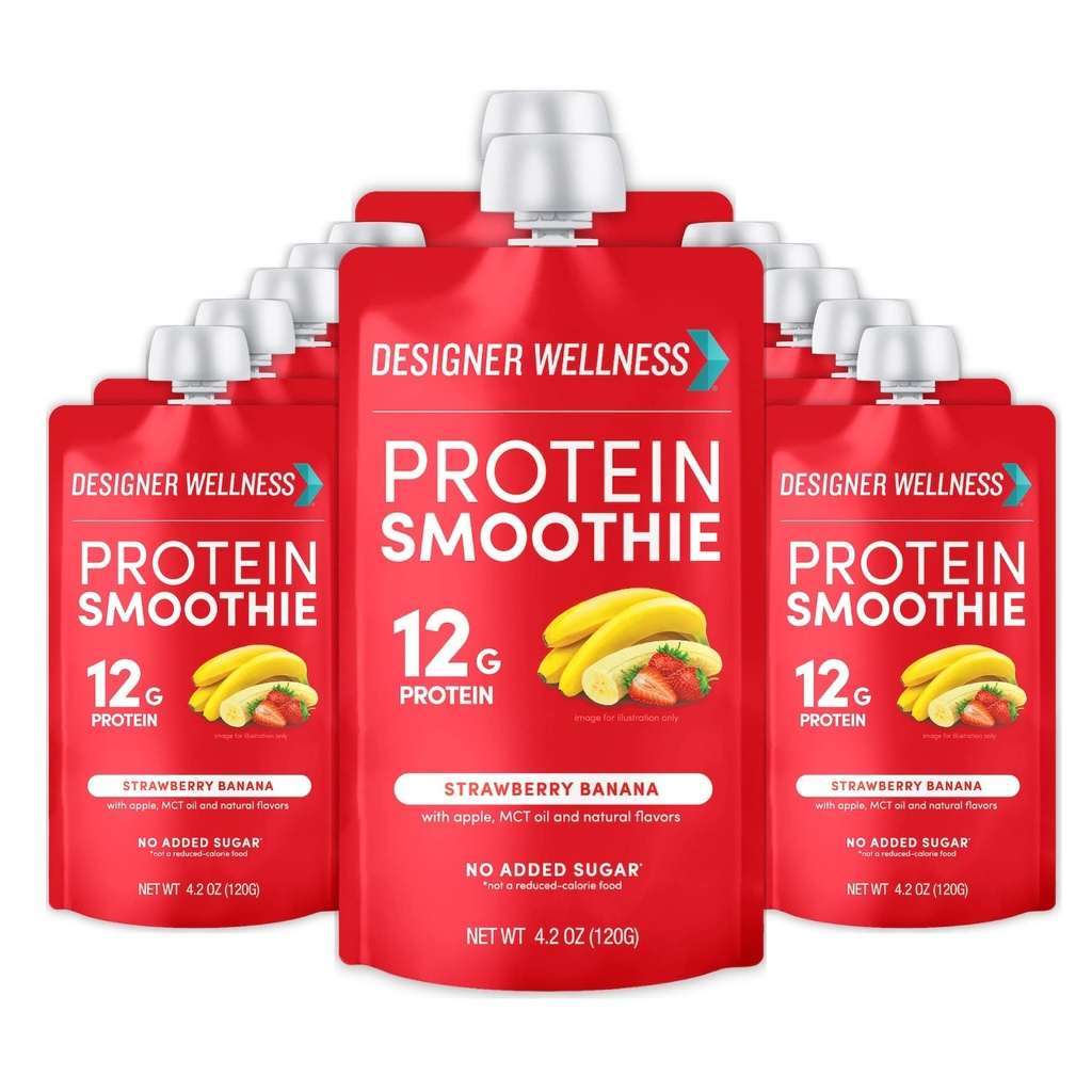 Designer Wellness Smoothie Protein, Prawdziwe owoce, 12g Białko, Niskie węglowodany, Cukier zero dodawany, Bez glutenu, Nie-GMO, Brak sztucznych kolorów lub aromatów, Truskawka Banana, 12 Hrabia
