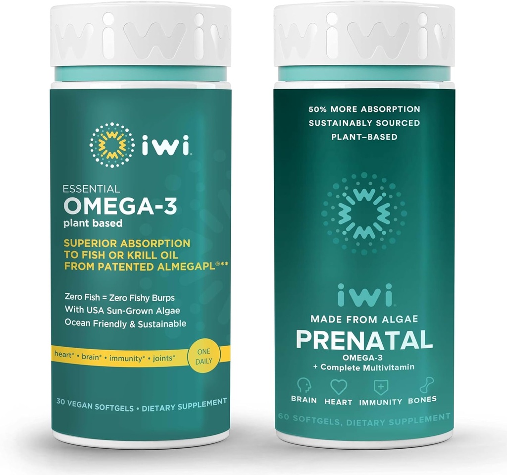 Iwi Omega-3 Essential & Prenatal Multivitamin Bundle, 30 Służenia, Wegan Plant- Algae Omega 3, Kryl & Fish Oil Alternative, No Fishy Aftersmast