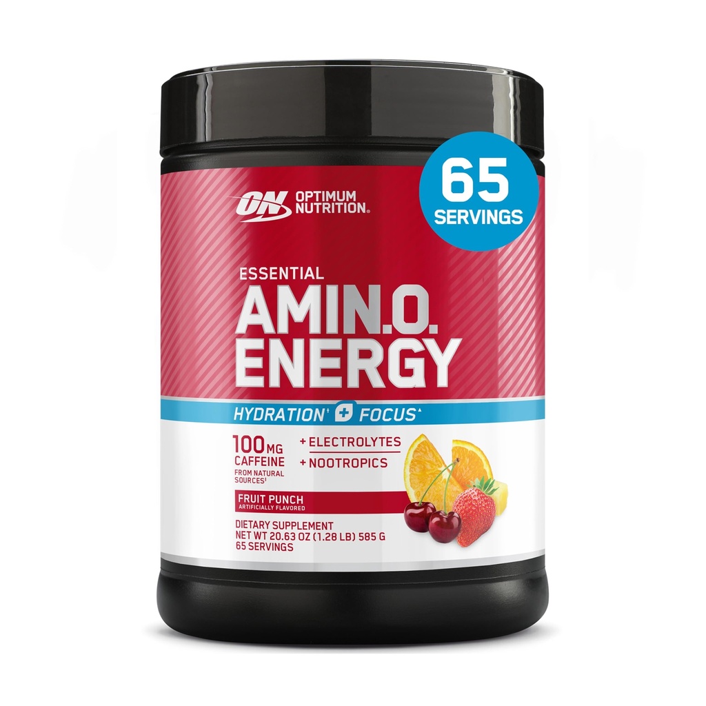 Optimum Nutrition Amino Energy Powder Plus Focus, z BCAA, Electrolytes, i kofeiny, owocowy Punch, 65 Servings (Packaging May Vary)