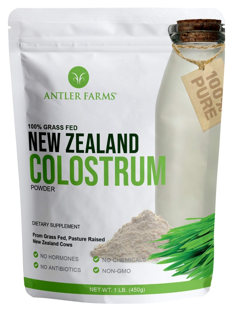 Antler Farms 100% Pure New Zealand Colostrum, 30 Służenia, 1 lb - Pasza z trawy, Pasture Raised, Czyste zasolone, Przetworzone na zimno, Nierozcieńczone, Wysoka zawartość IgG