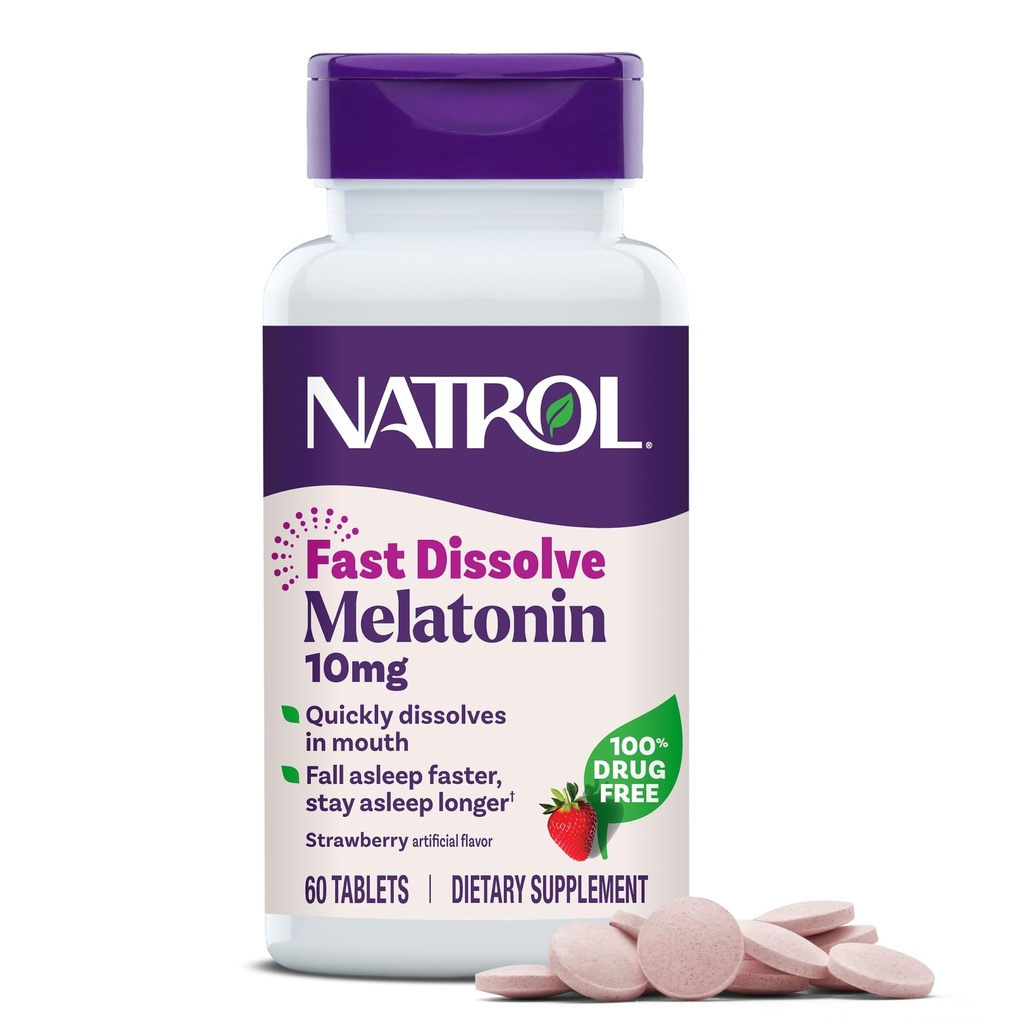 Natrol Melatonina 10mg Szybko Rozpuścić tabletki - Truskawka Flavor, 60 Hrabia, Wsparcie snu, Szybko Rozpuścić Melatonina dla dorosłych, 60- Day Supply