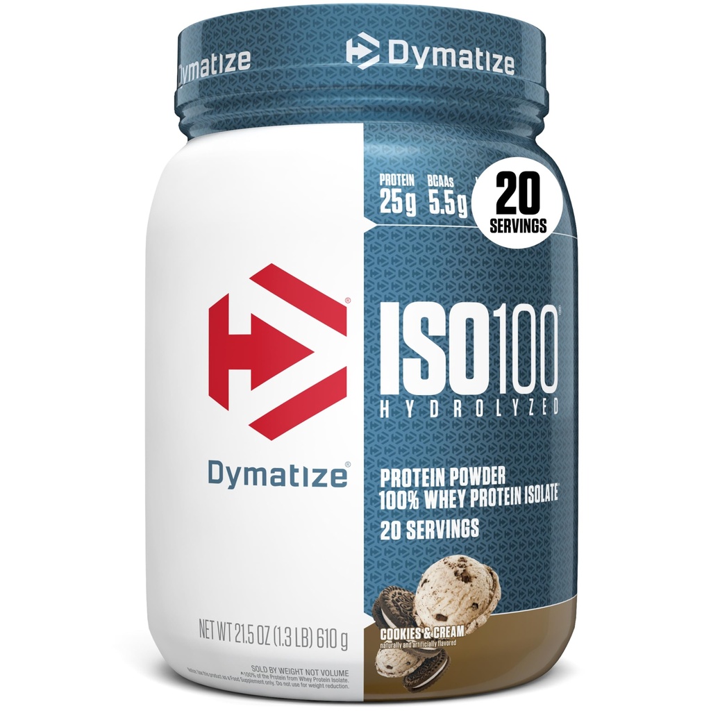 Dimatize ISO100 Proszek proteiny serwatki Isolate, Cookies & Cream, 25g białka, 5,5g BCAA, Mniej niż 120 Cal., Gluten Free, 1g tłuszczu, 1g cukru, 2g Carb (20 Słupki)