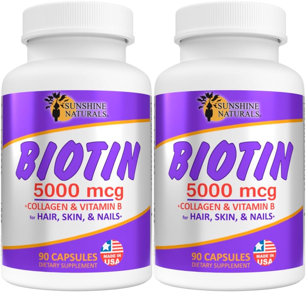 Sunshine Naturals Biotin Dietetyczny Suplement. Dla zdrowszej skóry, grubsze włosy, wzrost paznokci. Kolagen, Witamina A, B do utraty włosów, Piękno, Odnowa komórek, Skalp zdrowia. 5000 µg. 90 kapsułek. Opakowanie zawierające 2