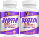 Sunshine Naturals Biotin Dietetyczny Suplement. Dla zdrowszej skóry, grubsze włosy, wzrost paznokci. Kolagen, Witamina A, B do utraty włosów, Piękno, Odnowa komórek, Skalp zdrowia. 5000 µg. 90 kapsułek. Opakowanie zawierające 2