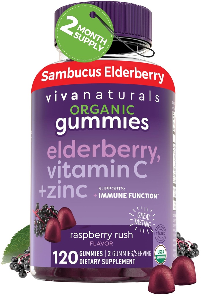 Viva Naturals Organic Sambucus Elderberry Gummies dla dorosłych (120 Count) - 3in1 Black Elderberry Witamina C i Cynk Immune Support Gummies, Chewable Elderberry Supplements, Cynk Immunitet Gummies