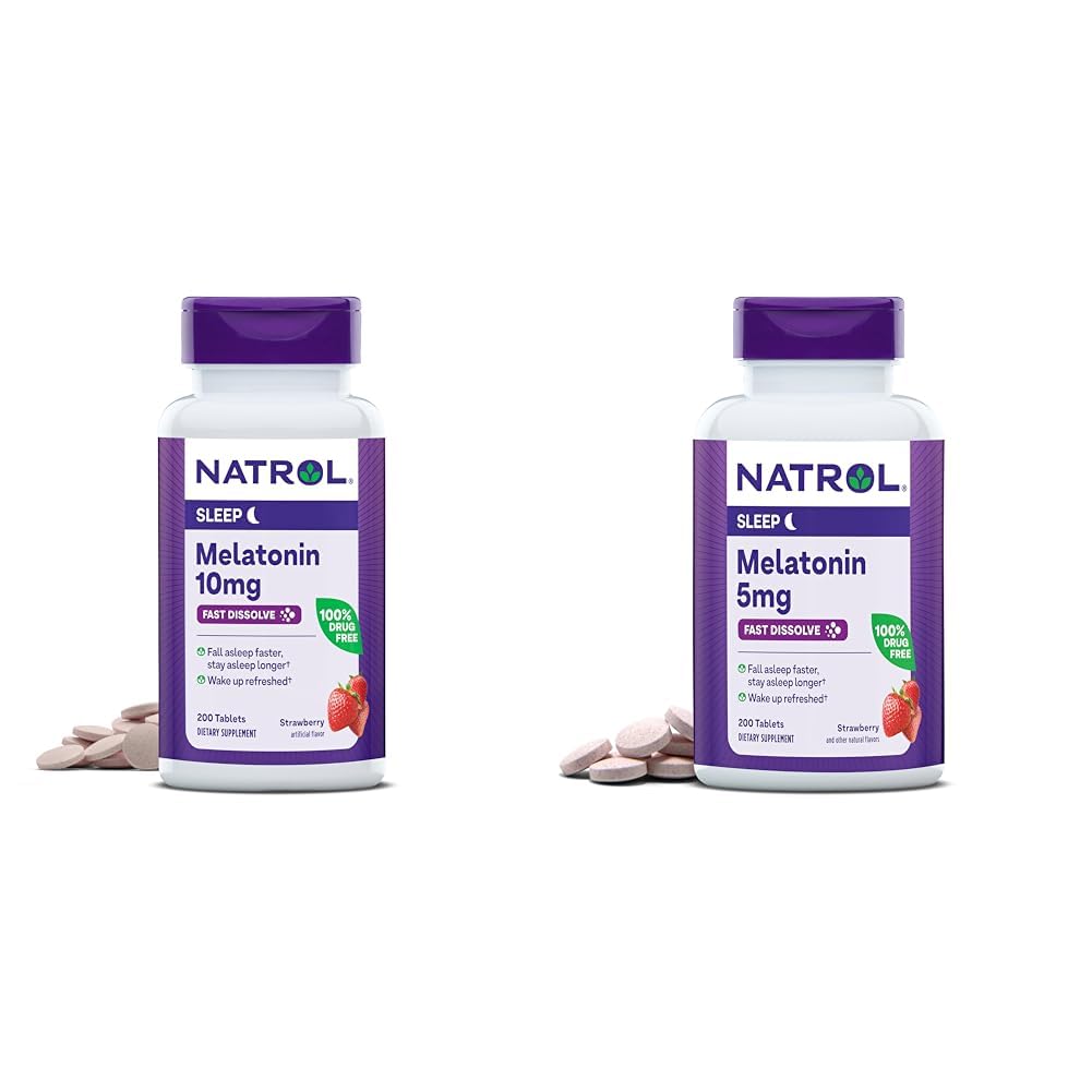 Natrol Melatonina 10mg 200 Tabletki i 5 mg 200 Tabletki Truskawkowe-Smażone Fast- Rozpuścić wsparcie snu Suplement diety