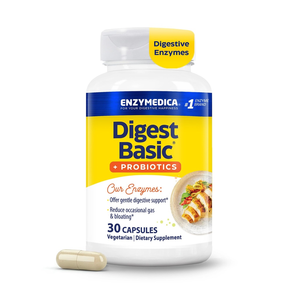 Enzymedica, Digest Basic + Probiotyki, Enzymy Digestive z 400 milionami aktywnych kultur CFU na kapsułkę, 30 kapsułek