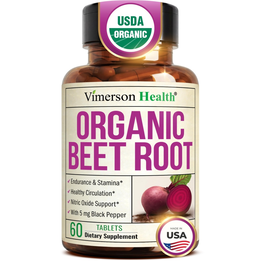 Organic Beetroot Supplement – USDA Organic Beet Root Tablets with Black Pepper for Circulation, Energy & Stamina – Nitric Oxide Support for Pre & Post Workout Performance & Endurance – 60 days supply