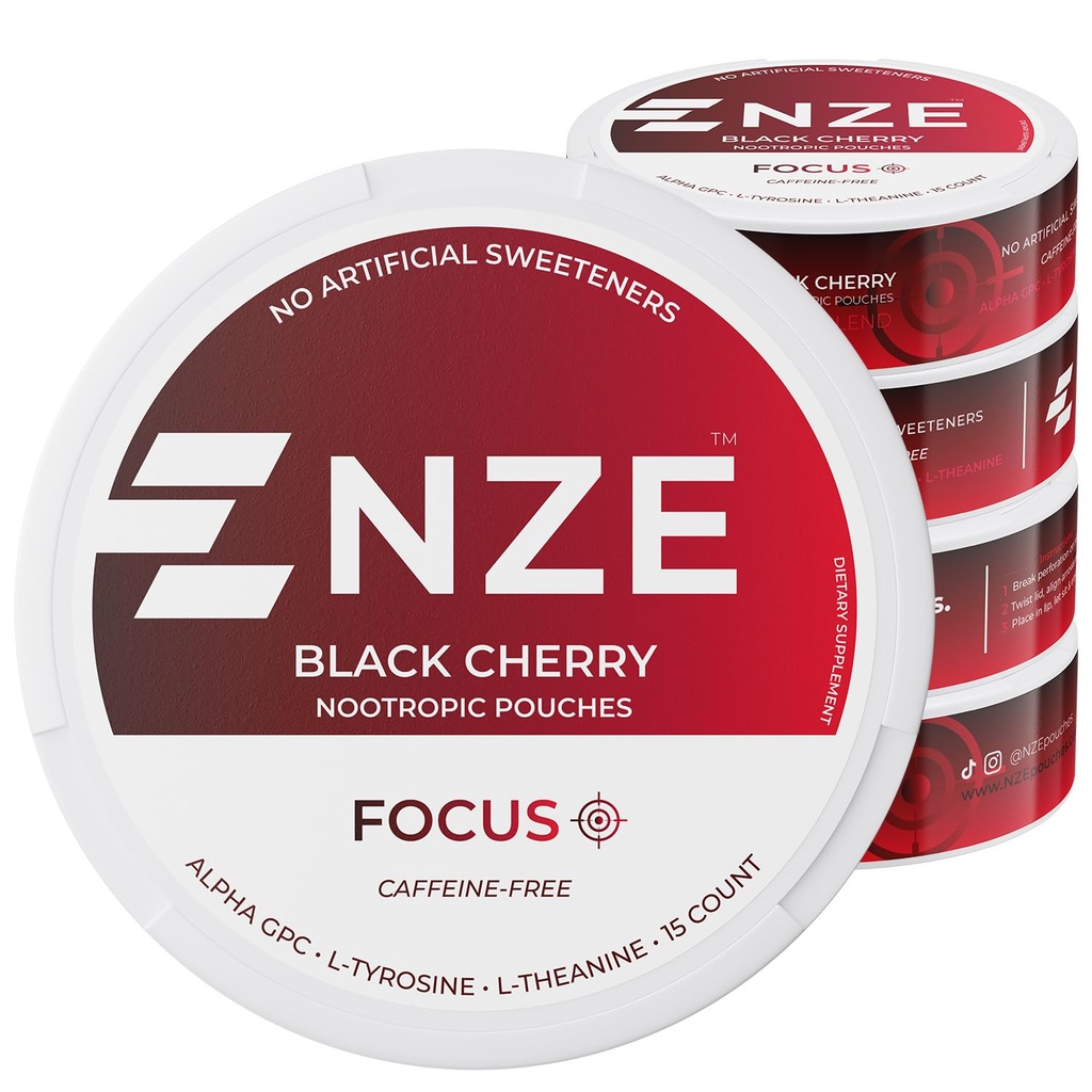 NZE Caffeine Free Nootropic Pouches (Black Cherry) - Nootropic Pouches with Alpha GPC, L-Tyrosine & L-Theanine - No Sugar or Artificial Sweeteners - 15 Pouches Per Can - 5 Pack