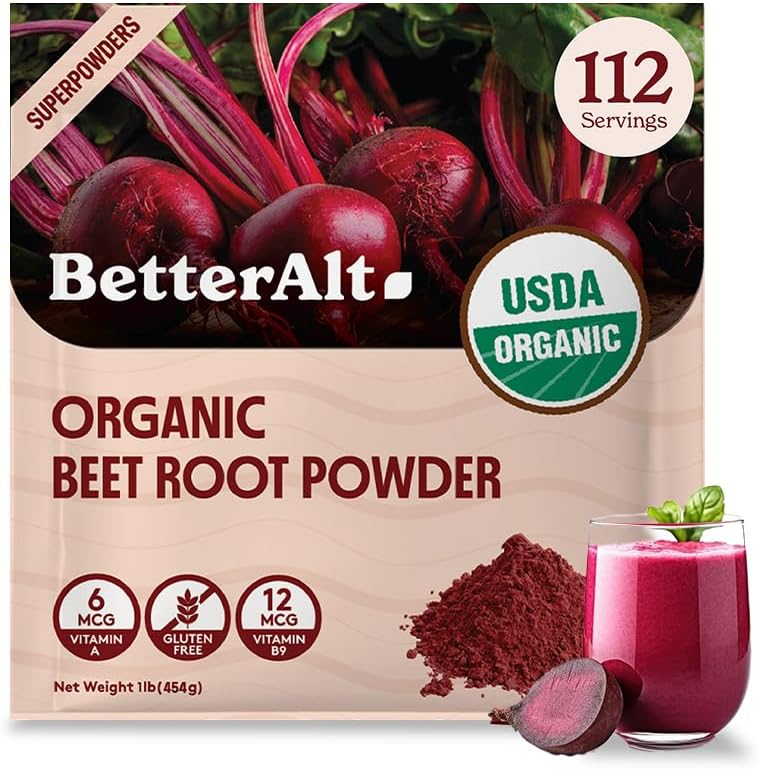 Better Alt Organic Beet Root Powder, USDA Certified - Suplement tlenku azotu, Sok z buraków Superfood for Healthy Heart, Suplement buraków, Buraki Powder - 112 Służenie, 1 lb