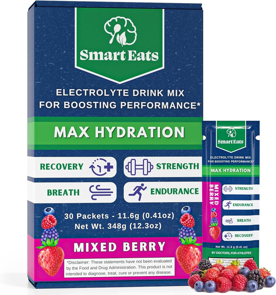 Smart Eats Electrolyte Powder - 1,690mg Electrolytes, 9 Esential Minerals & Vitamin, 5 Przeciwutleniacze, Rapid & Energizing Hydration, Zaprojektowany przez lekarzy, < 1 Cukier Gram, Sour Berry Flavor - 30 Pakiety