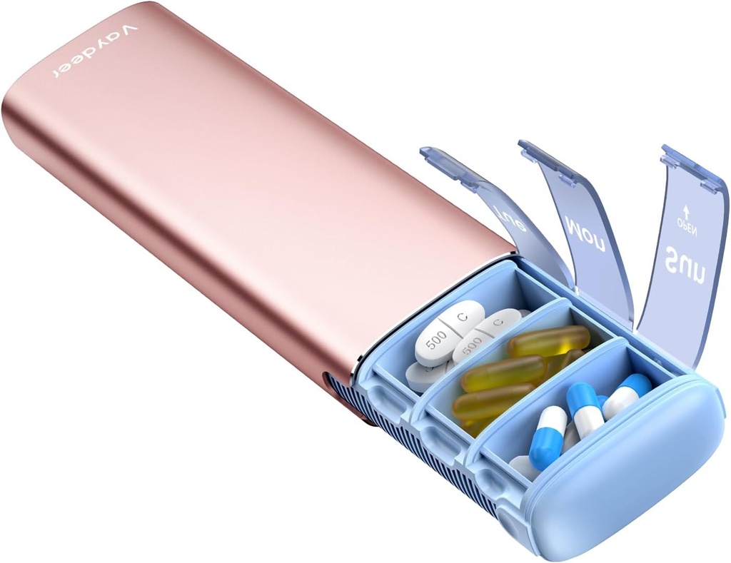 Waydeen Metal Travel Pill Organizator, 7 Cotygodniowe Pudełko Pill, Duża pojemność codziennie Cute Pill Case na suplementy, Pigułki, Witaminy i lekarstwa (Małe, Rose Gold)