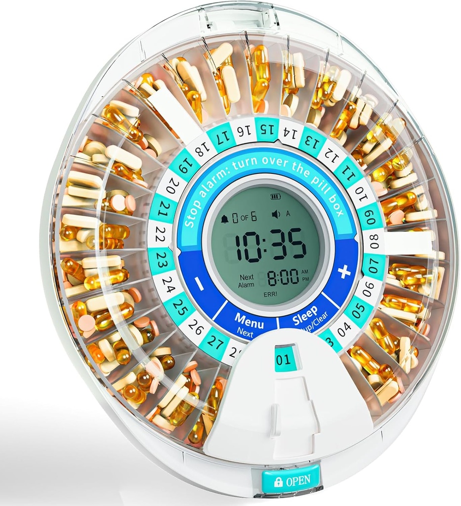 Windtrace Automatic Pill Dispenser dla osób w podeszłym wieku, Elektroniczny Monthly Pill Organizator z Alarm & Light, 28 dzień Smart Lock Dispenser Medication, Timed Pill Dispenser Machine dla receptorów i vitamin