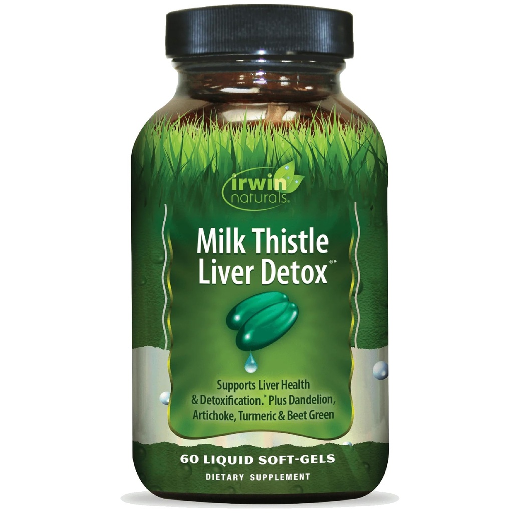 Irwin Naturals Milk Thistle Liver Detox - 60 Liquid Soft- żele, Wspiera zdrowie wątroby z Dandelion, Karczoch, Turmeric & Green Beet Root - 30 Łączne służby